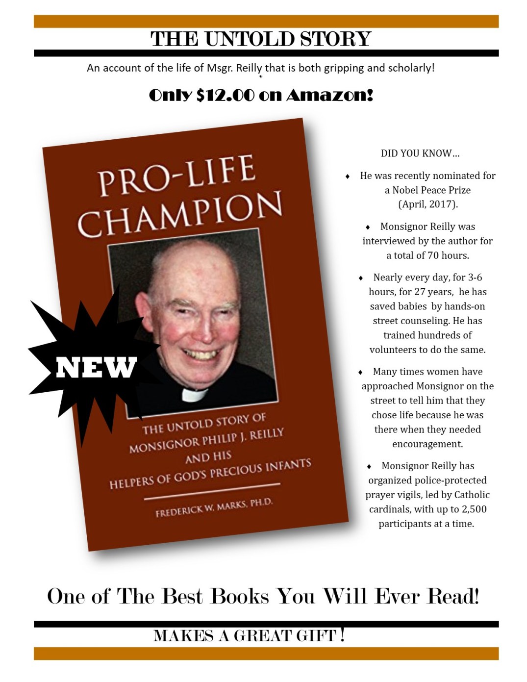 table top sign for Monsignors newest book foer EC